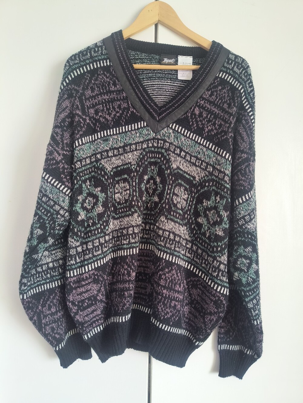 Vintage Impact Grandpa Sweater V Neck with Faux Leather Accent XL Coogi Style